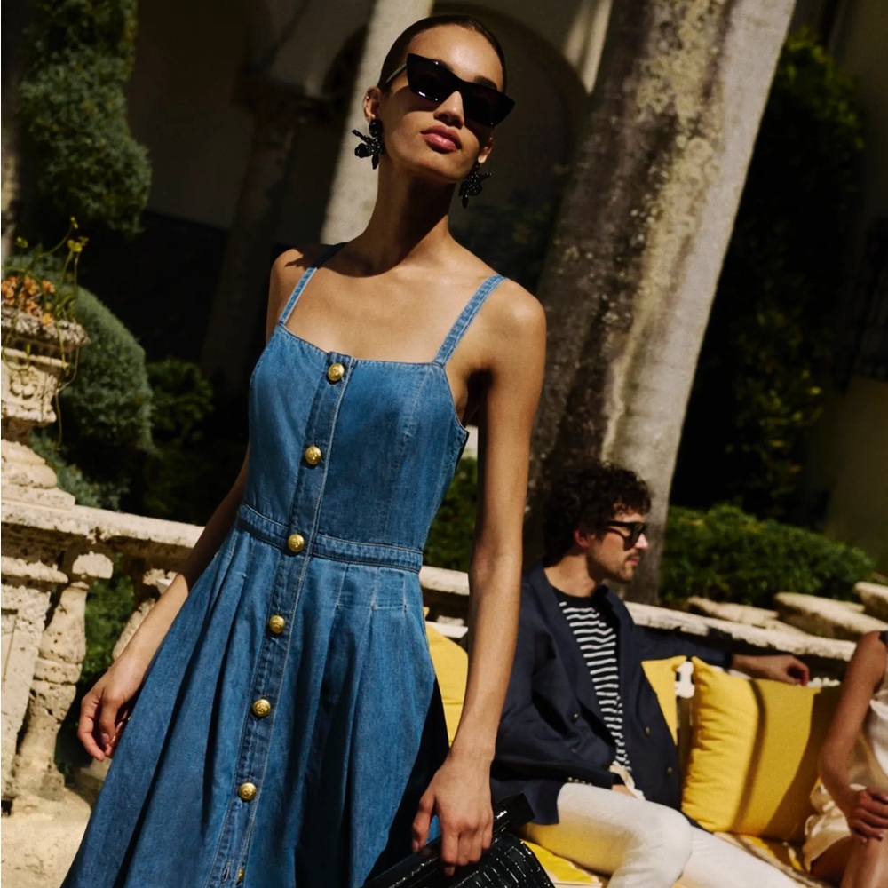 L'AGENCE Esmeralda Denim Pinafore Midi Dress - Stokes